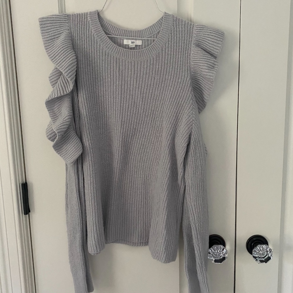 BP Grey Ruffle Cold Shoulder Sweater - Picture 4 of 4